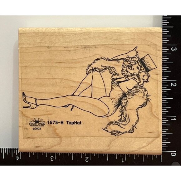 VERY RARE 2003 STAMP OASIS 1675-H TOP HAT WOOD MOUNT RUBBER STAMP BOA SHOW GIRL - Picture 2 of 5